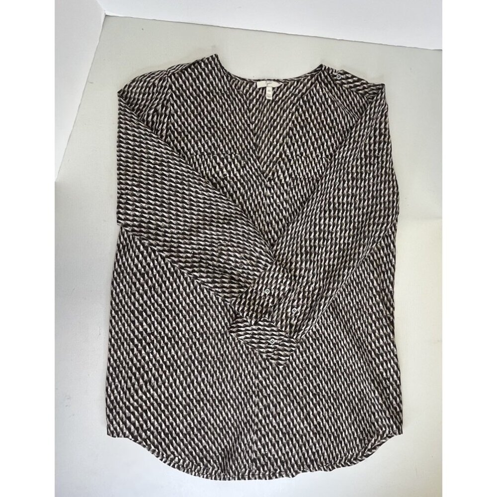 Joie Women's 100% Silk Blouse Black White Geometric Print 3/4 Sleeves Size XS